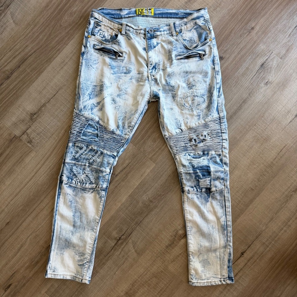 Demolition Jeans Mens 36x30 Acid Wash Moto Biker Distressed Ripped Stretch Denim